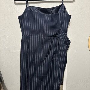 Cowl Neck Navy Pinstripe Dress